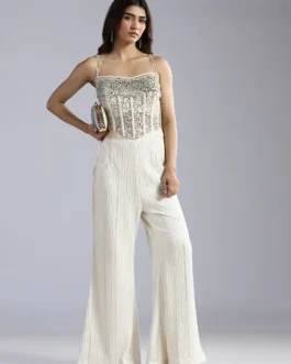 Ivory Glitz Crystal-Ribbed Corset & Vertical Shimmer Flare Set