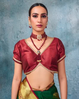 Maroon Silk Blouse With Short Puff Sleeves