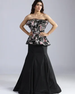 Floral Sequin Peplum Gown with Flared Mermaid Skirt