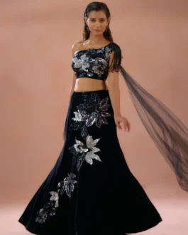 Inayat – Black Velvet Lehenga with Sparkling Sequin & Zircan Detailing