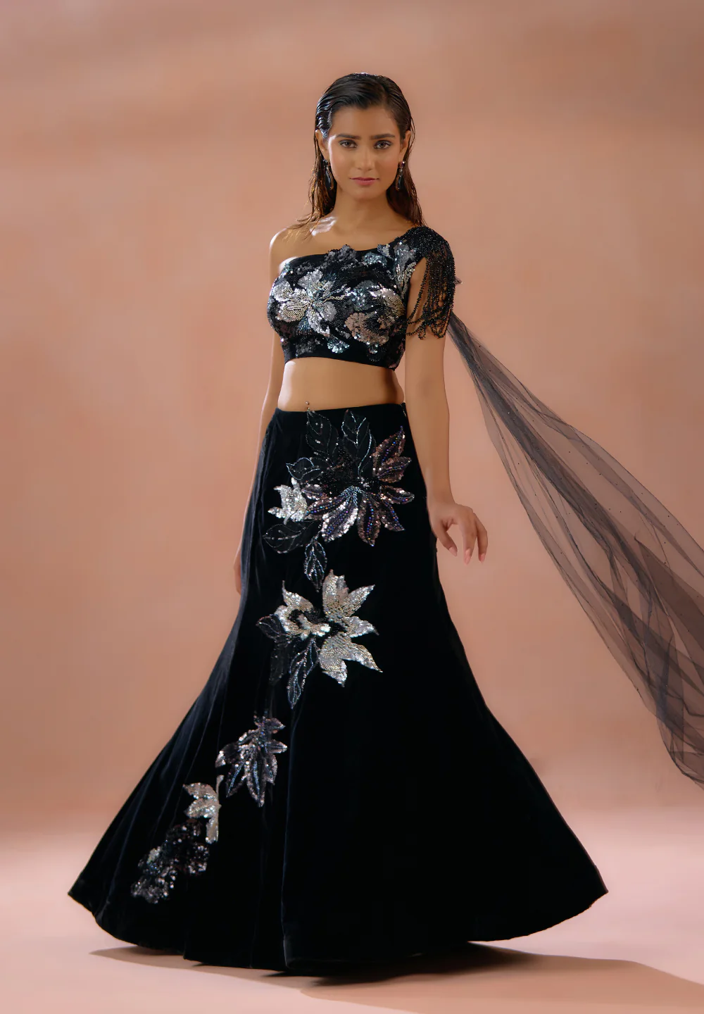 Inayat - Black Velvet Lehenga with Sparkling Sequin & Zircan Detailing - Image 2