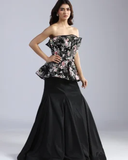Floral Sequin Peplum Gown with Flared Mermaid Skirt
