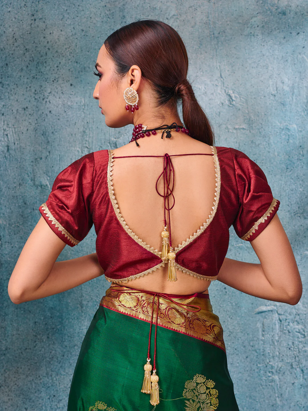 Maroon Silk Blouse With Short Puff Sleeves - Image 2