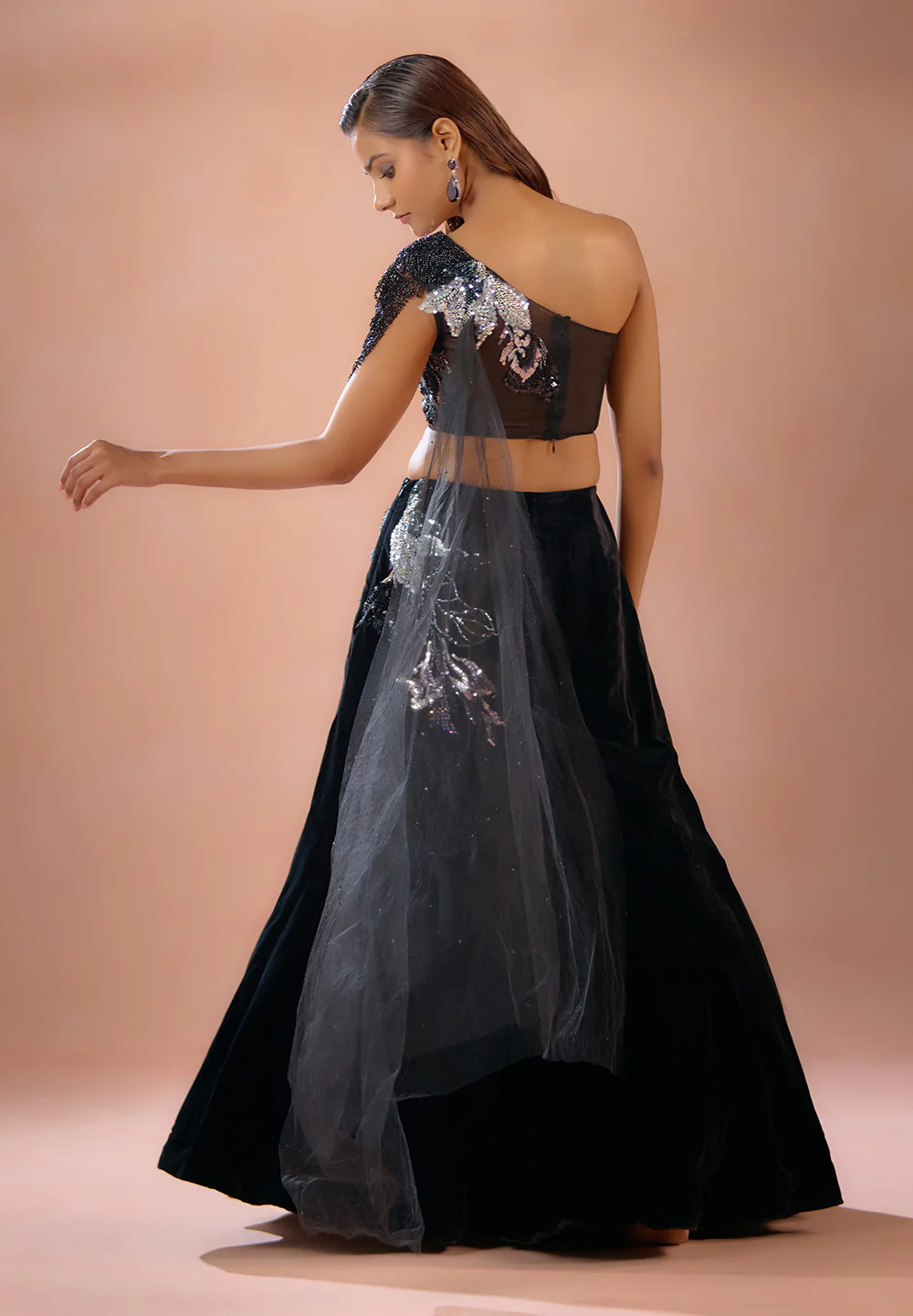 Inayat - Black Velvet Lehenga with Sparkling Sequin & Zircan Detailing - Image 3