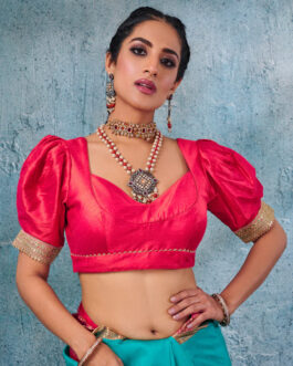 Coral Pink Silk Blouse With Elbow Puff Sleeve