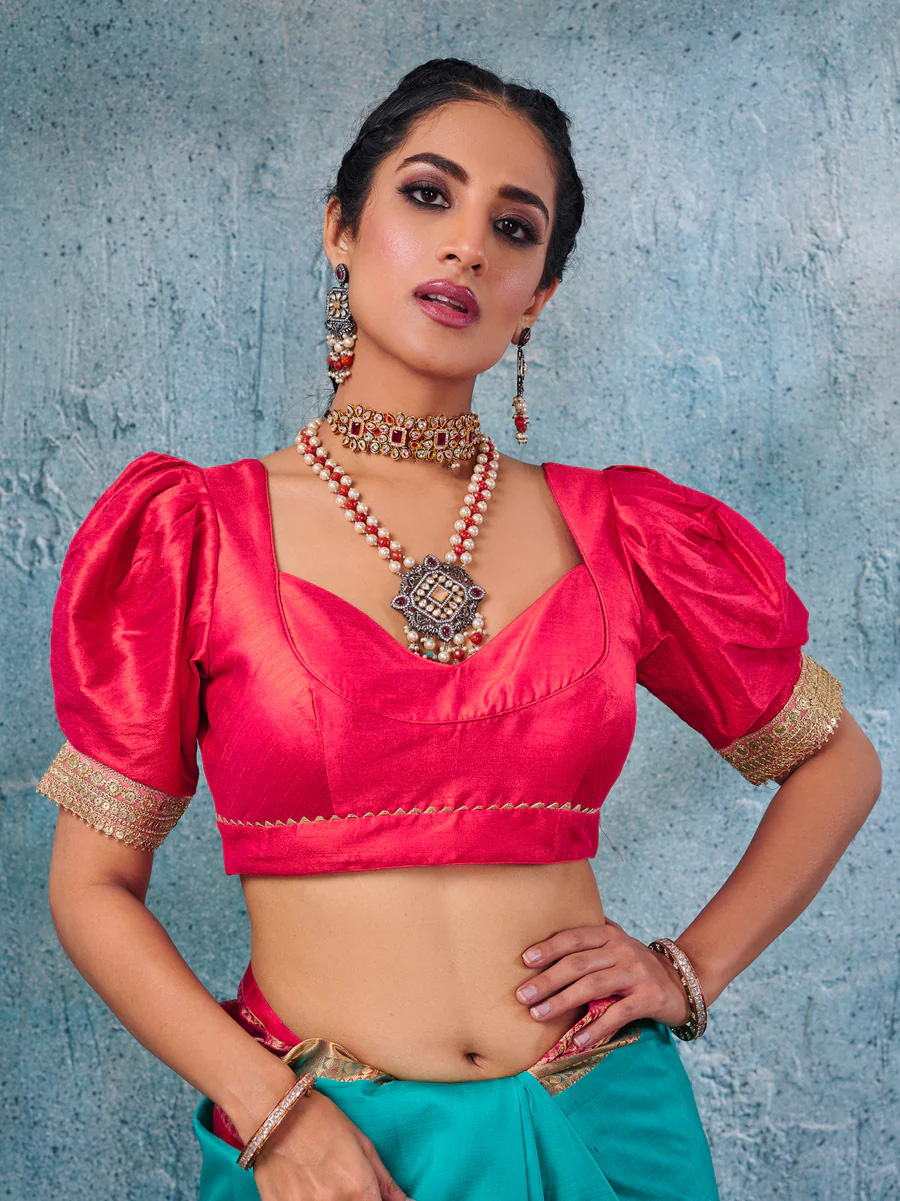 Coral Pink Silk Blouse With Elbow Puff Sleeve