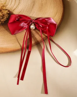 Pearl Adorn Red Bow Hair Clip