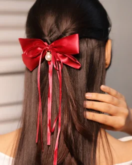 Pearl Adorn Red Bow Hair Clip